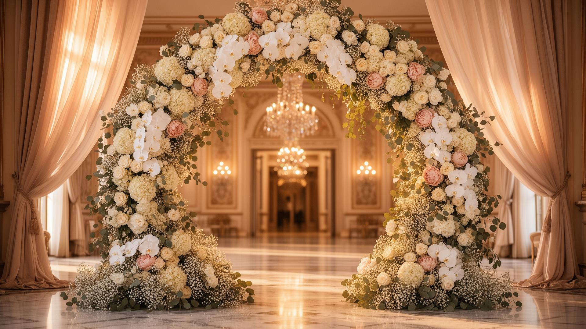 Blush pink and white floral wedding arch